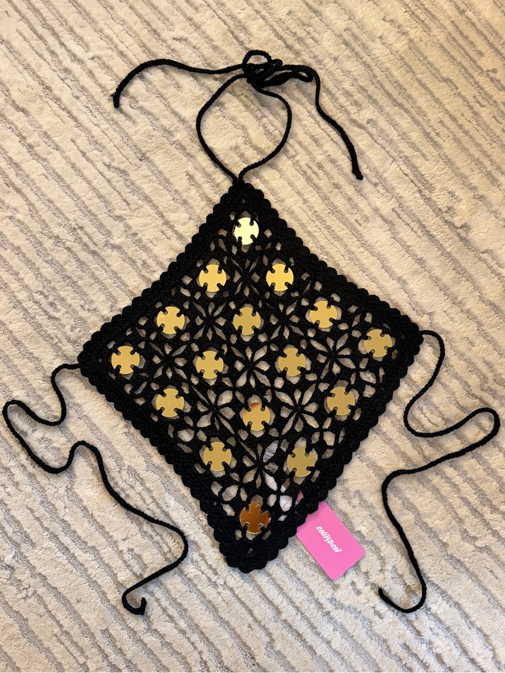Edikted Knit Halter Tie Top in Black with Gold Sequins